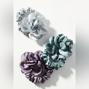 NWT Anthropologie Florette Satin Scrunchies Set of 3 in Blue Combo
